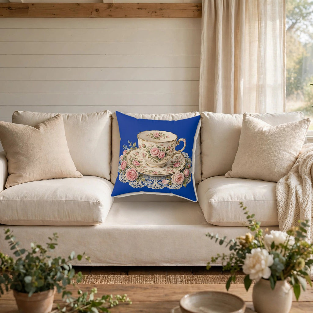 Roses and Vintage Teacup Throw Pillow on a cozy sofa
