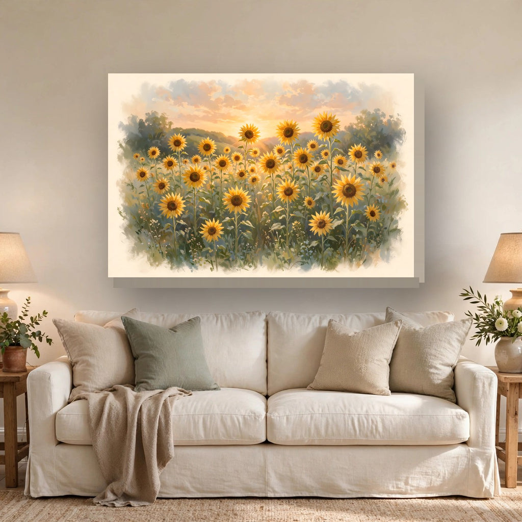 Sunflower Field at Sunset Canvas Wall Art hanging above a sofa