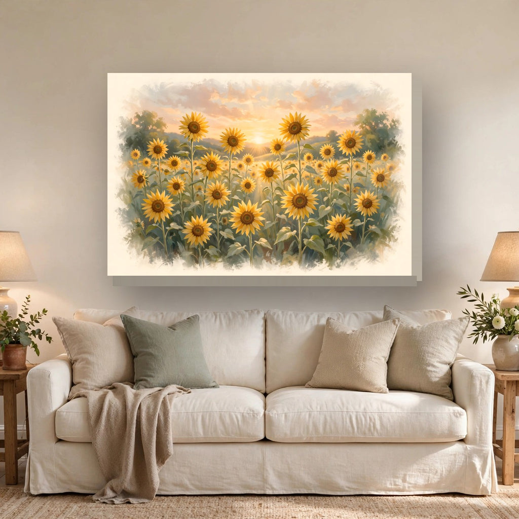 Sunflower Field at Sunset Canvas Wall Art – Style 2 hanging above a sofa