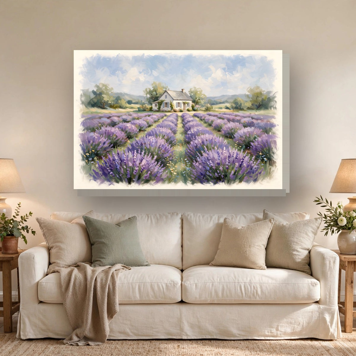 Lavender Field Farmhouse Canvas Wall Art hanging above a sofa