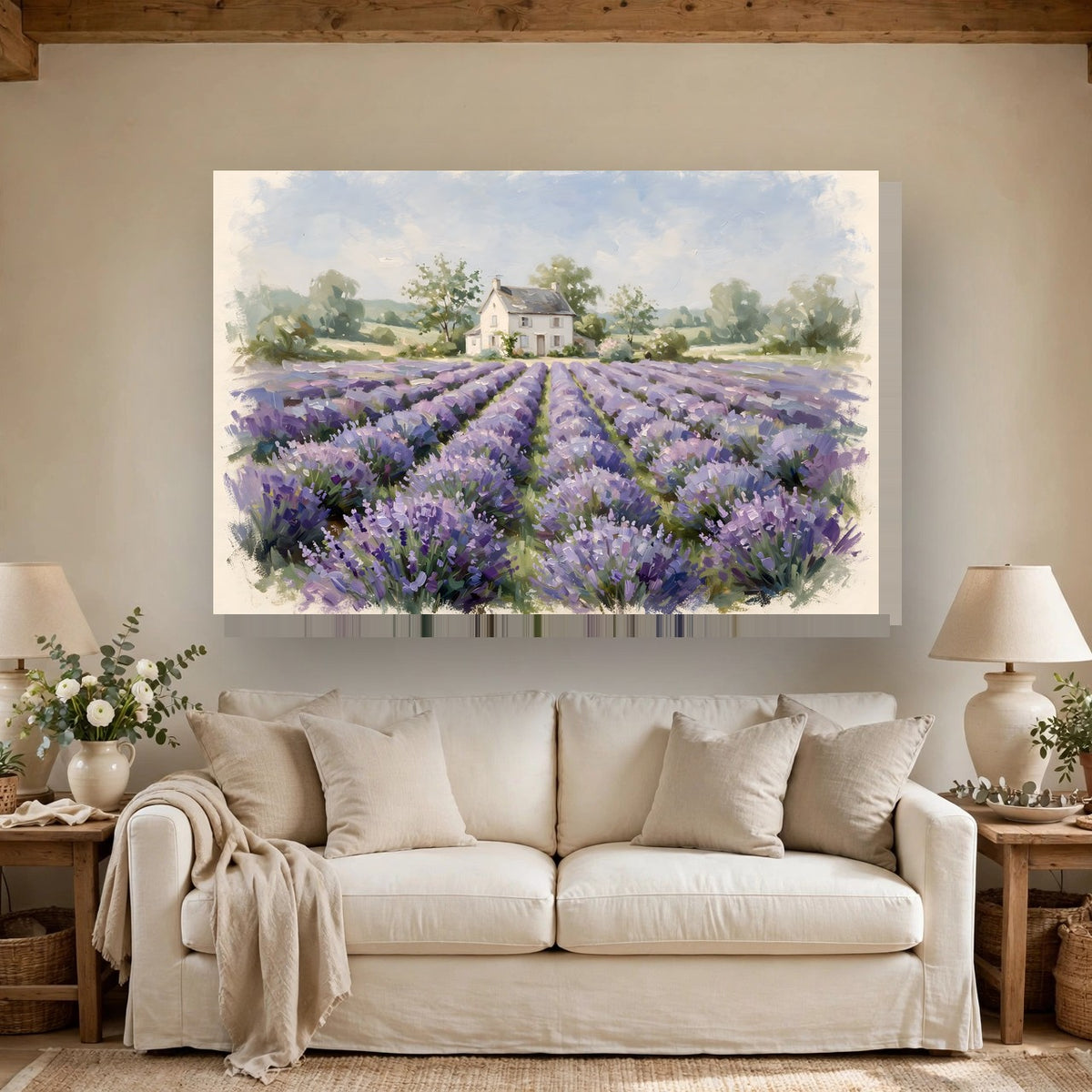 Lavender Field Farmhouse Canvas Wall Art – Style 2 hanging above a sofa