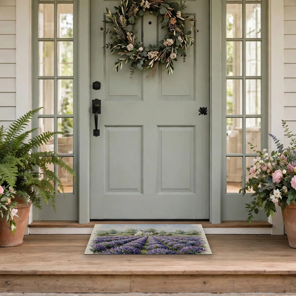 Lavender Field Farmhouse Doormat – Style 2 at a front door