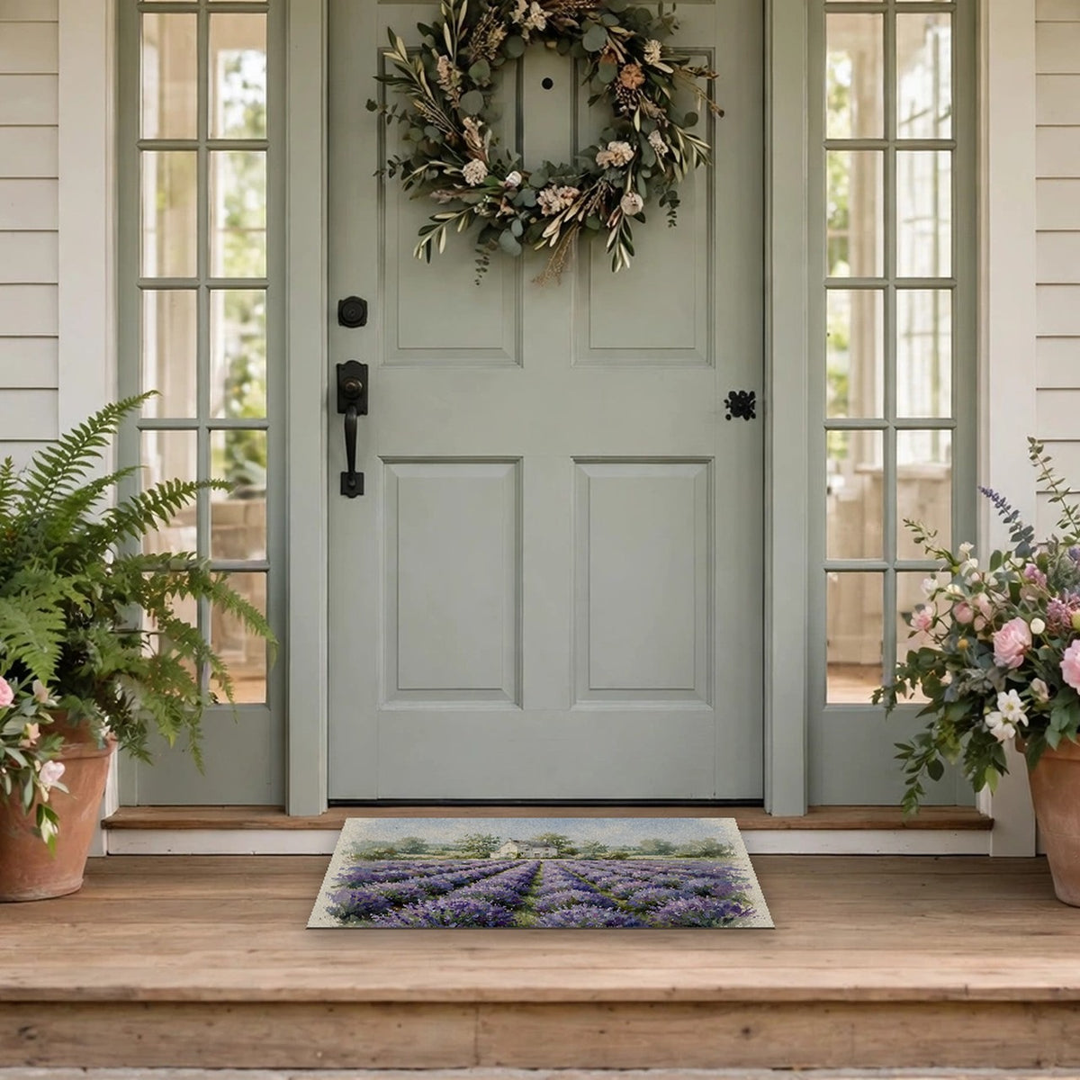Lavender Field Farmhouse Doormat – Style 2 at a front door
