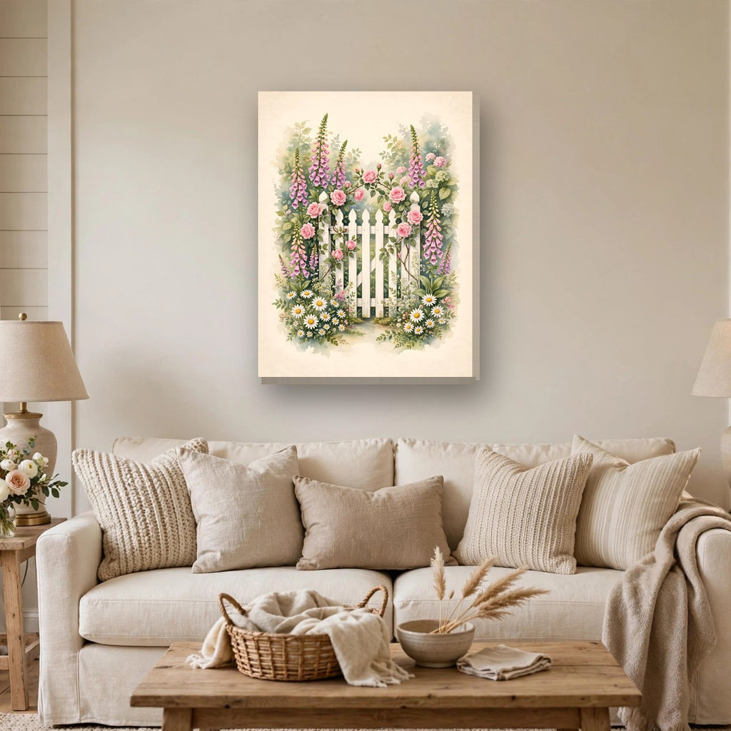 Cottage Garden Gate Canvas Wall Art hanging above a sofa