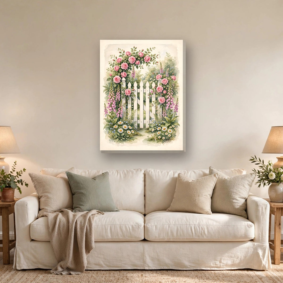 Cottage Garden Gate Canvas Wall Art – Style 2 hanging above a sofa