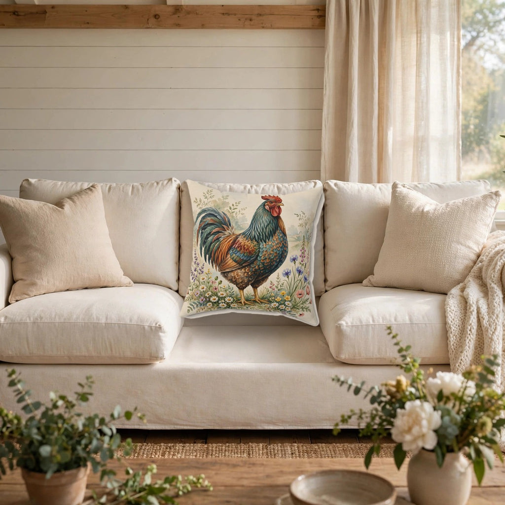 Proud Farmhouse Rooster Throw Pillow on a cozy sofa