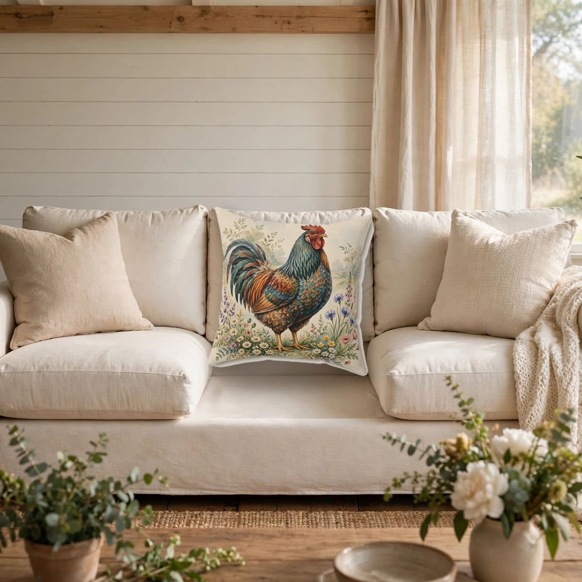 Proud Farmhouse Rooster Throw Pillow on a cozy sofa