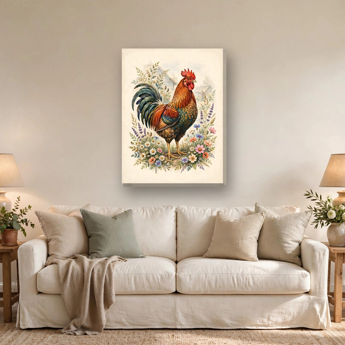 Proud Farmhouse Rooster Canvas Wall Art hanging above a sofa