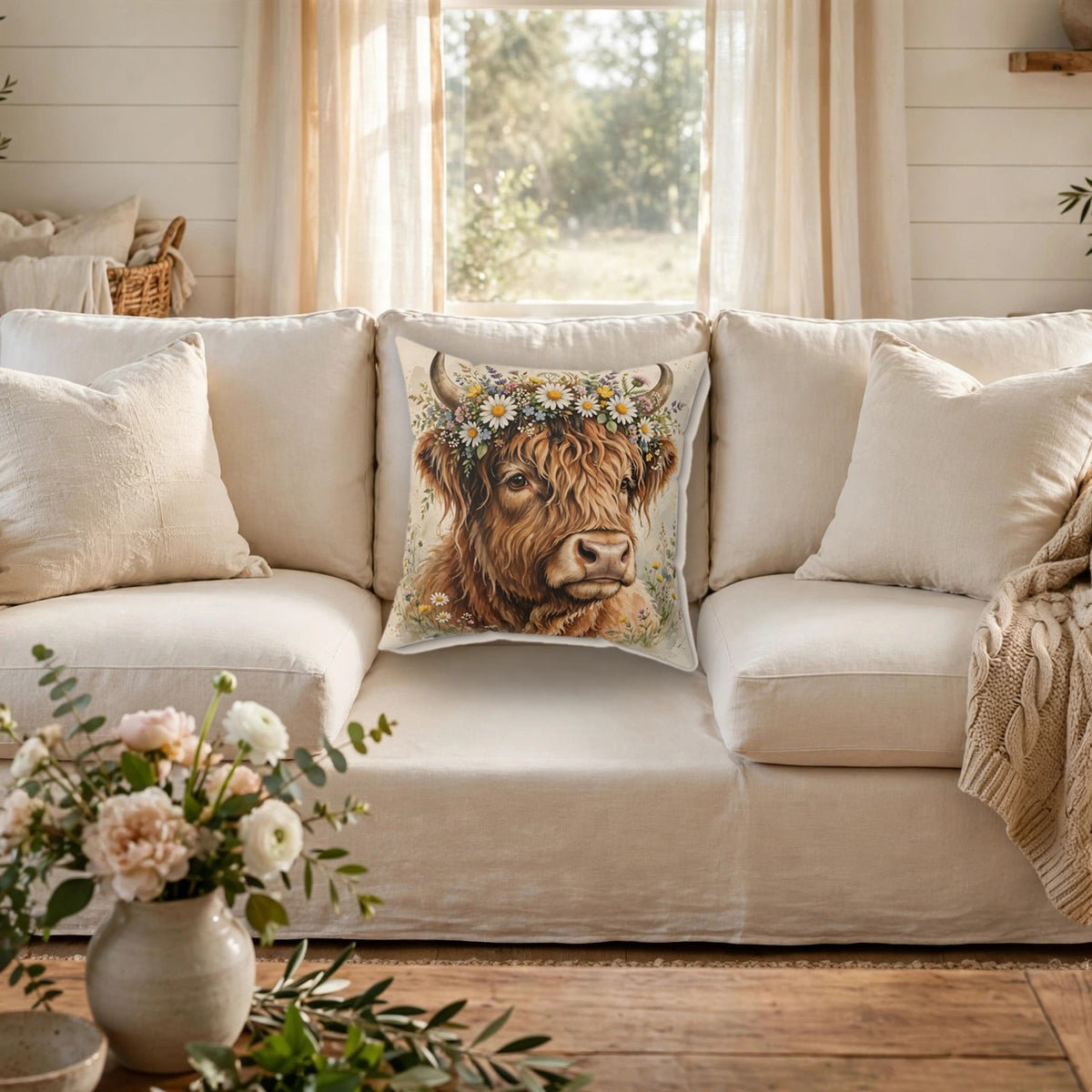 Highland Cow with Flower Crown Throw Pillow on a cozy sofa