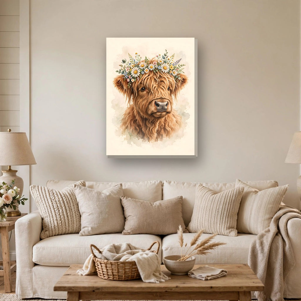 Highland Cow with Flower Crown Canvas Wall Art hanging above a sofa