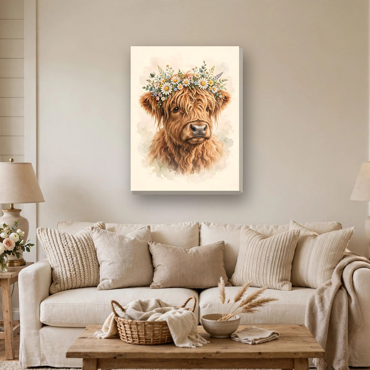 Highland Cow with Flower Crown Canvas Wall Art hanging above a sofa