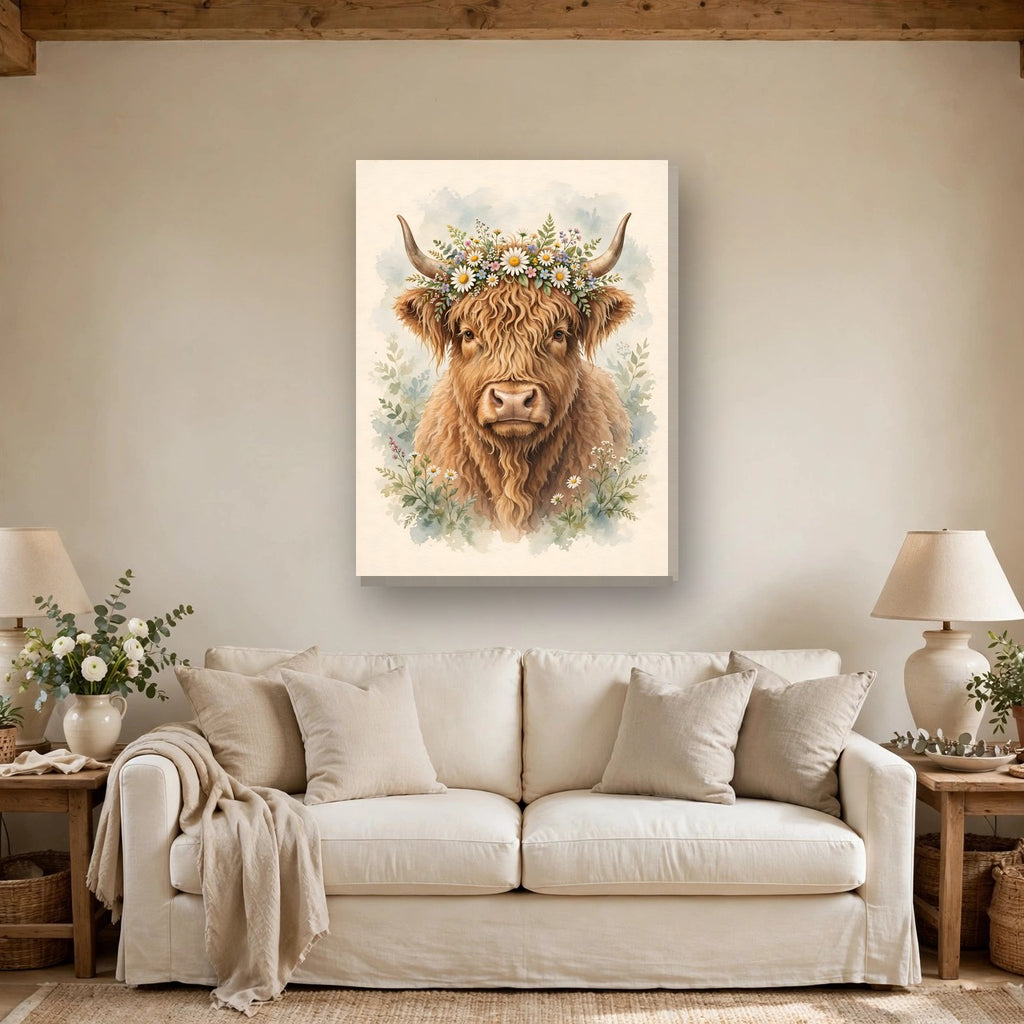 Highland Cow with Flower Crown Canvas Wall Art – Style 2 hanging above a sofa