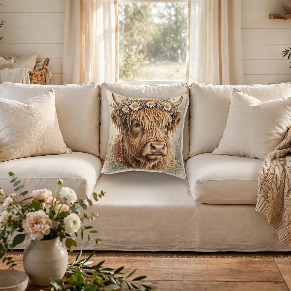Highland Cow with Flower Crown Throw Pillow – Style 2 on a cozy sofa