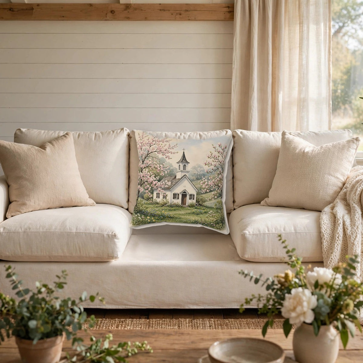 Country Church in Spring Throw Pillow on a cozy sofa