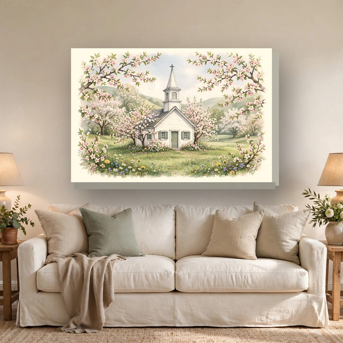 Country Church in Spring Canvas Wall Art hanging above a sofa