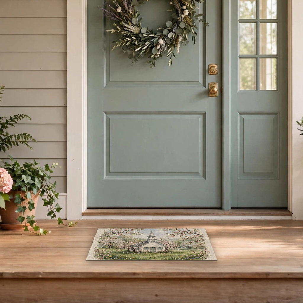 Country Church in Spring Doormat at a front door