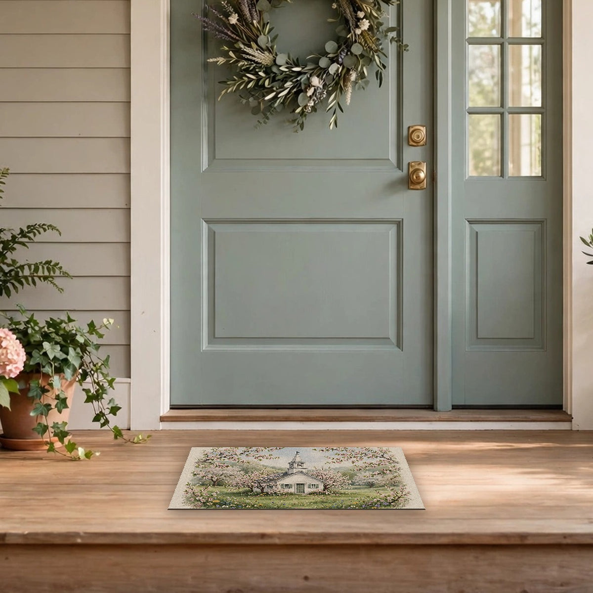 Country Church in Spring Doormat at a front door