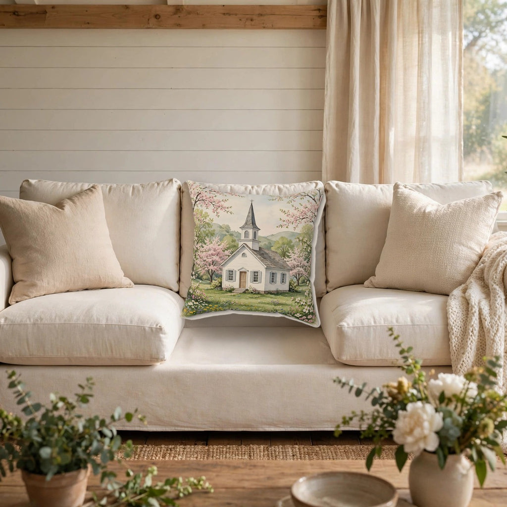 Country Church in Spring Throw Pillow – Style 2 on a cozy sofa
