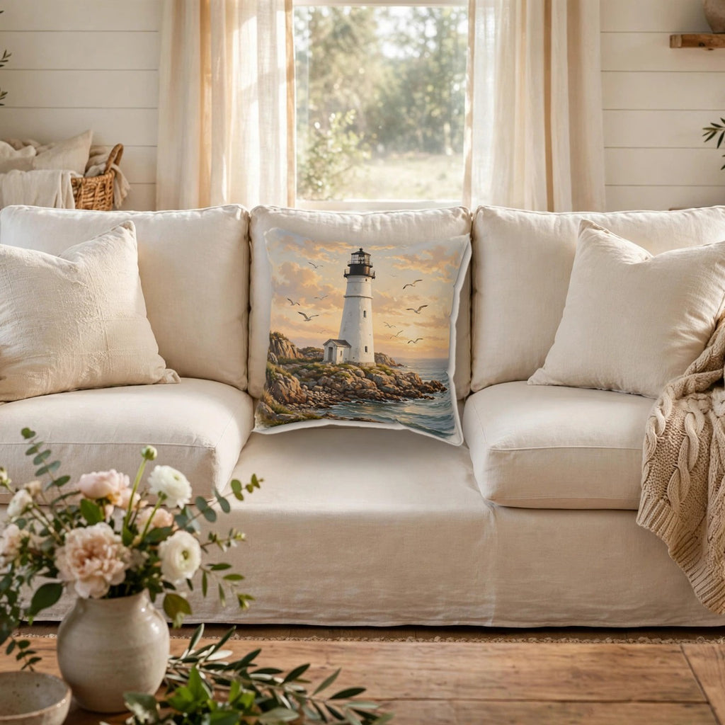 Lighthouse at Golden Hour Throw Pillow on a cozy sofa