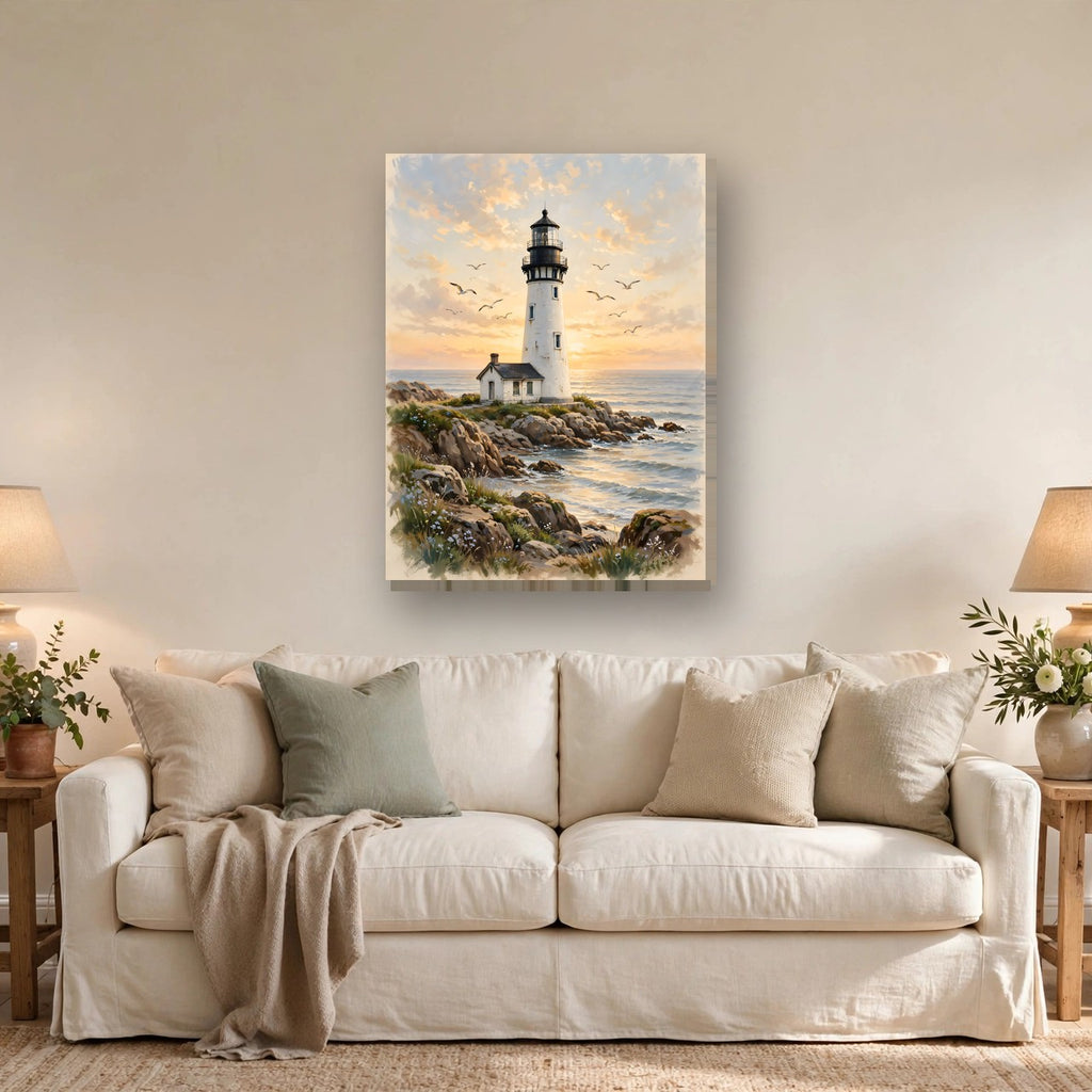 Lighthouse at Golden Hour Canvas Wall Art hanging above a sofa
