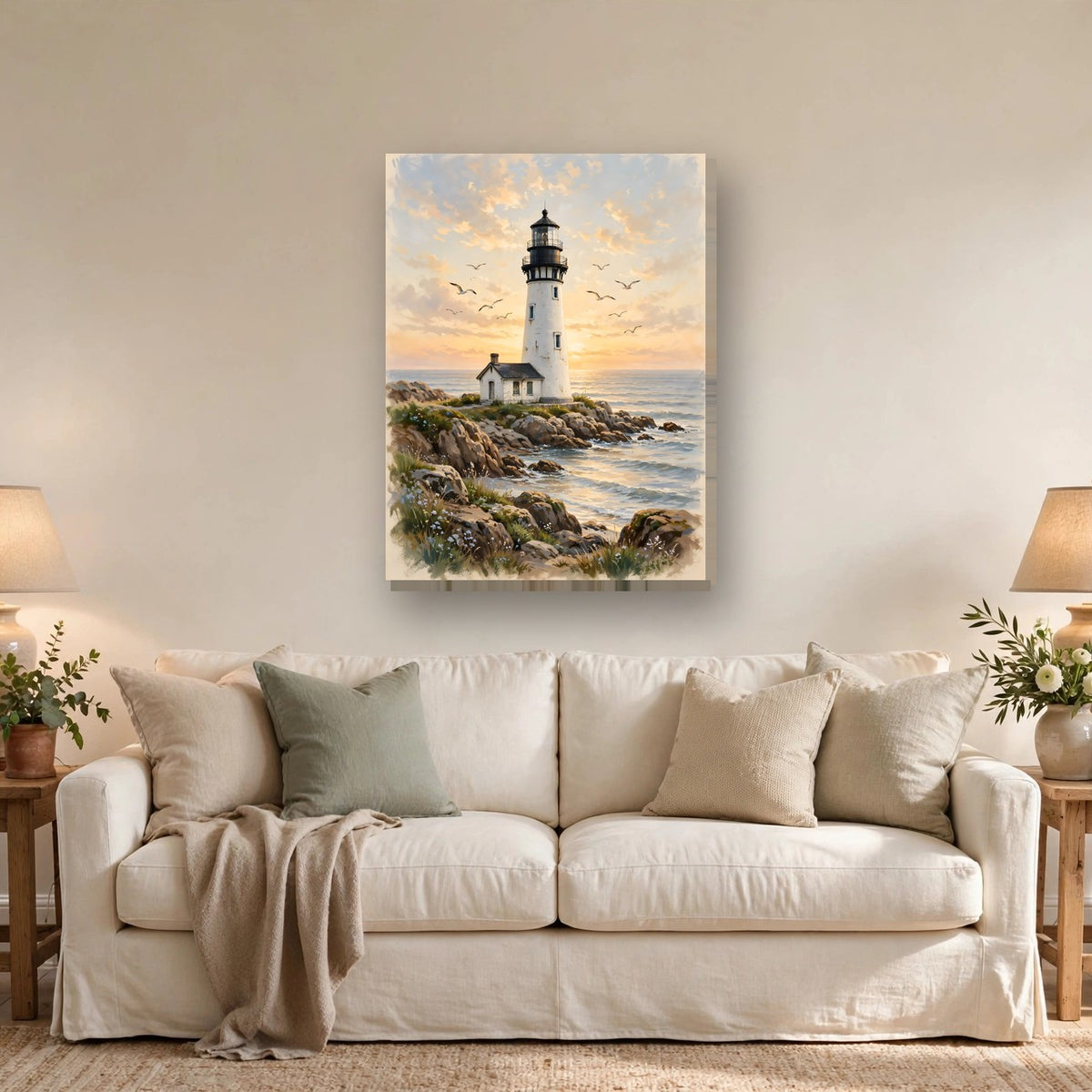 Lighthouse at Golden Hour Canvas Wall Art hanging above a sofa