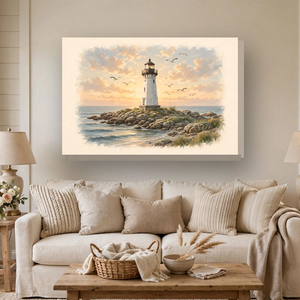 Lighthouse at Golden Hour Canvas Wall Art – Style 2 hanging above a sofa