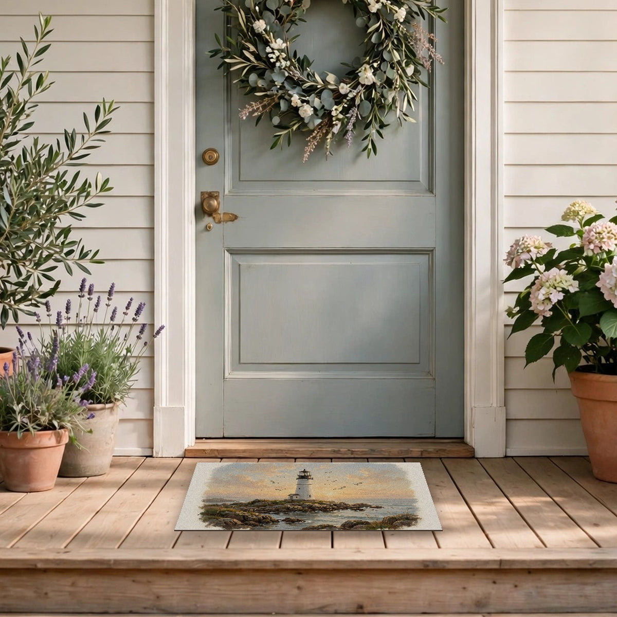 Lighthouse at Golden Hour Doormat – Style 2 at a front door