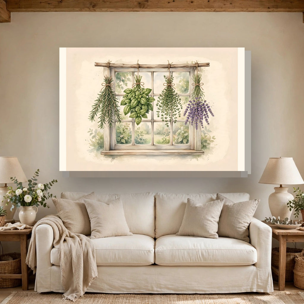 Farmhouse Kitchen Herbs Canvas Wall Art hanging above a sofa