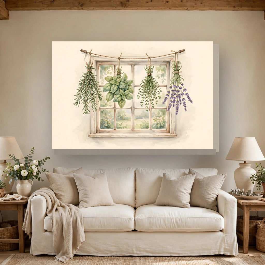 Farmhouse Kitchen Herbs Canvas Wall Art – Style 2 hanging above a sofa