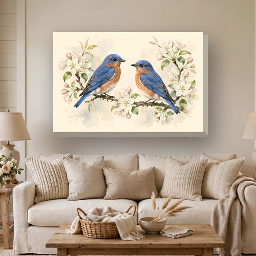 Bluebirds on a Blossom Branch Canvas Wall Art hanging above a sofa