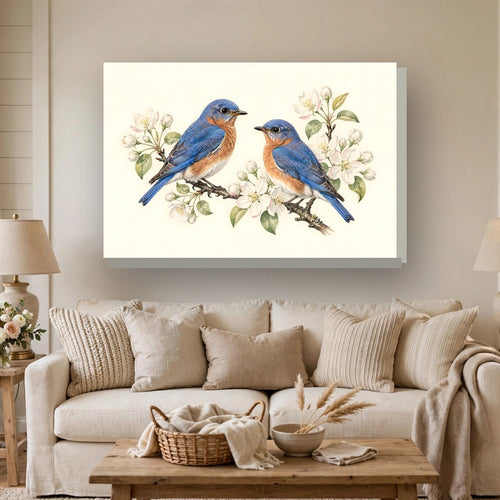 Bluebirds on a Blossom Branch Canvas Wall Art – Style 2 hanging above a sofa