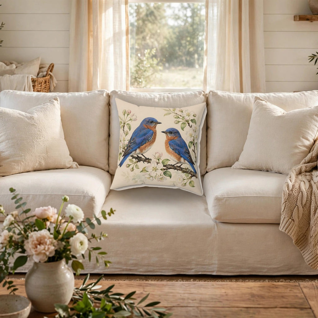 Bluebirds on a Blossom Branch Throw Pillow on a cozy sofa