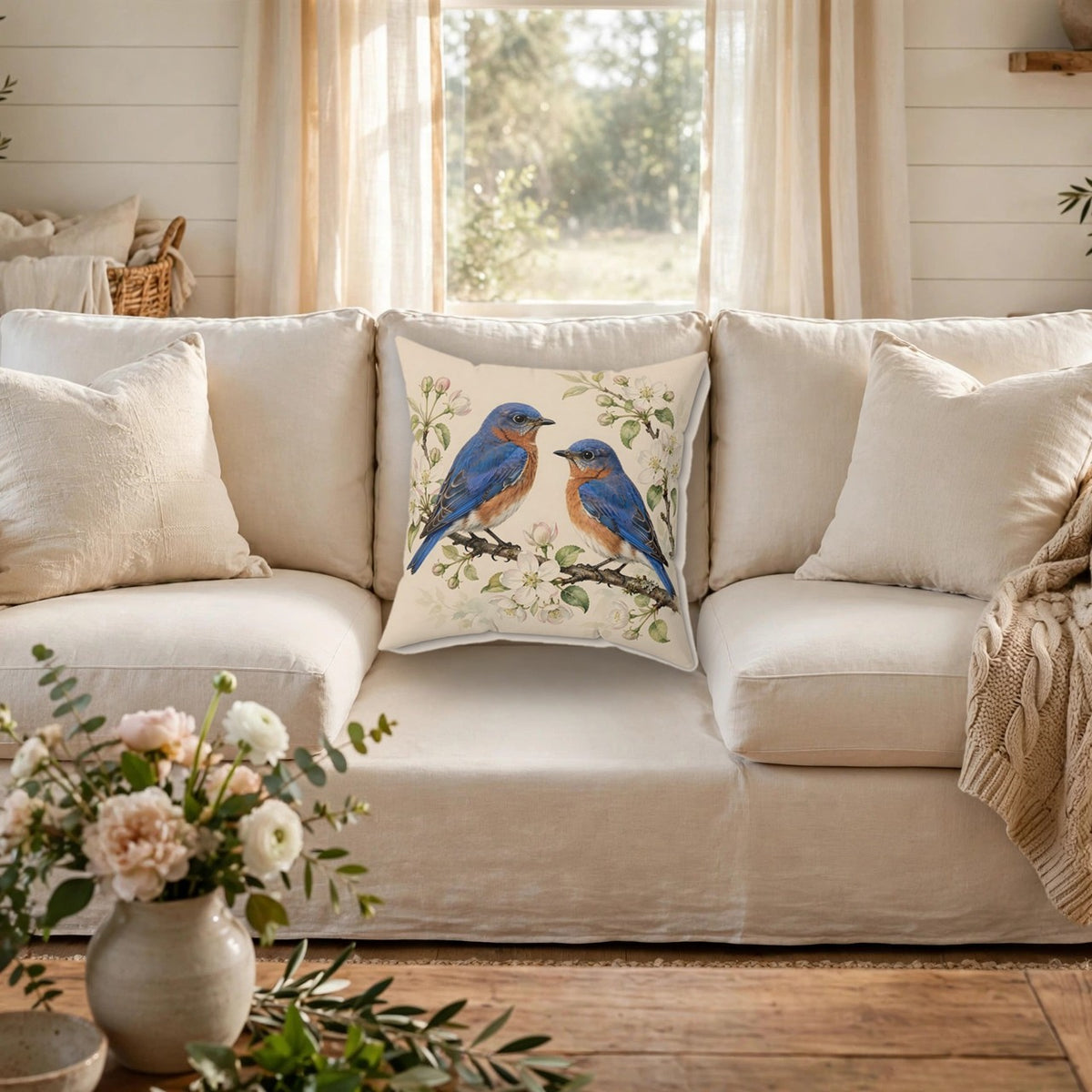 Bluebirds on a Blossom Branch Throw Pillow on a cozy sofa