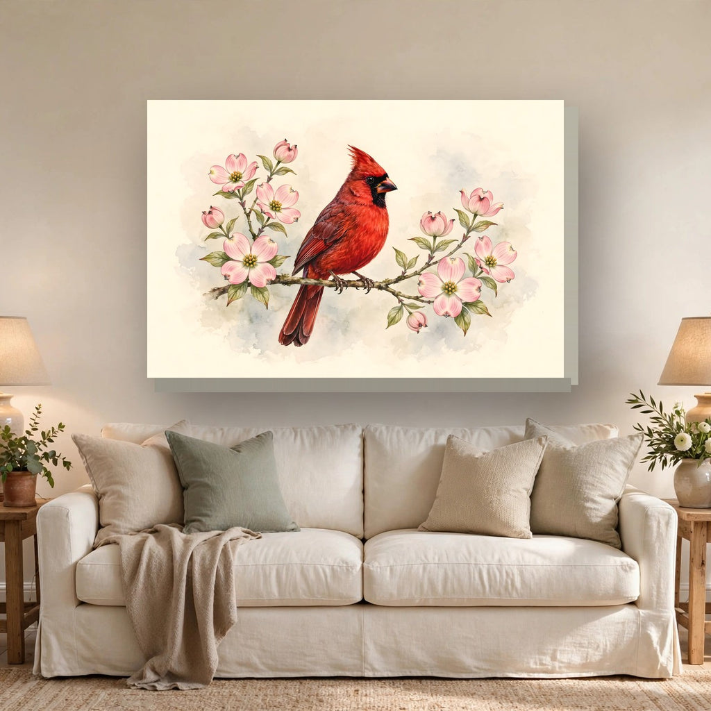 Cardinal on a Spring Branch Canvas Wall Art hanging above a sofa