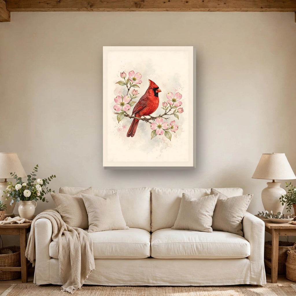 Cardinal on a Spring Branch Canvas Wall Art – Style 2 hanging above a sofa