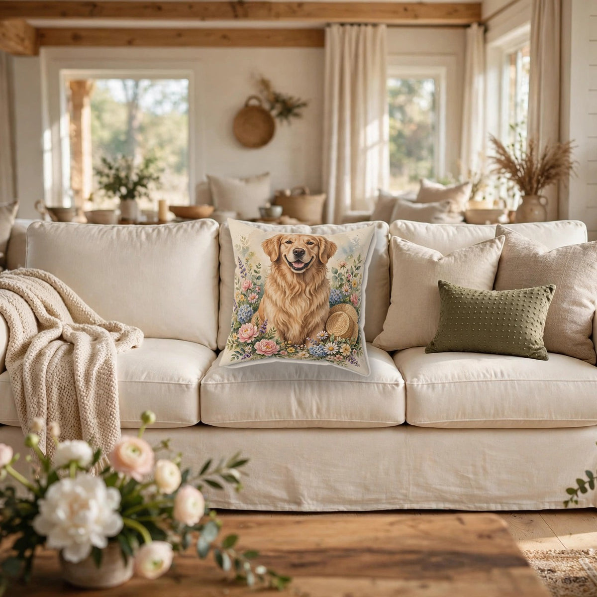 Golden Retriever in the Garden Throw Pillow on a cozy sofa