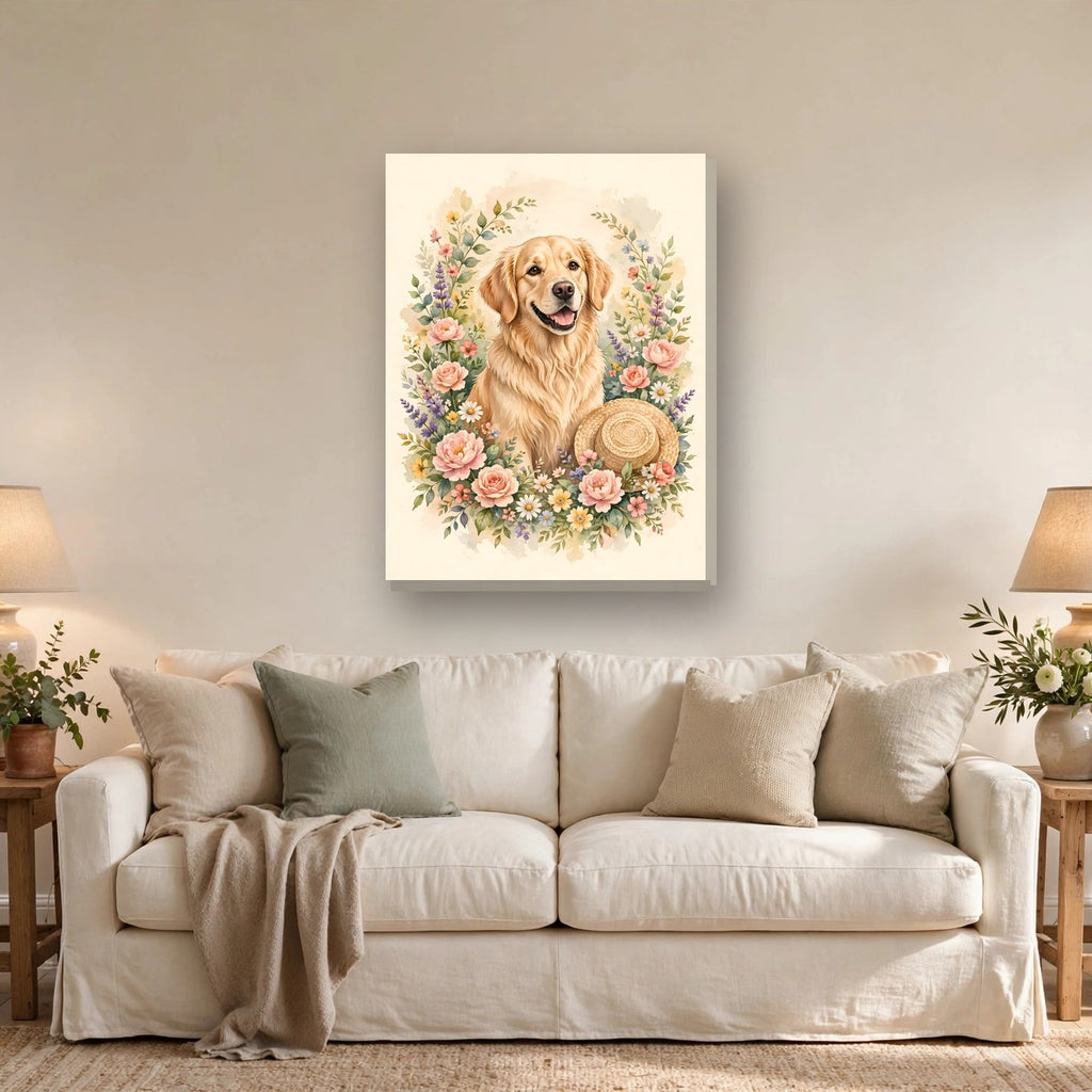 Golden Retriever in the Garden Canvas Wall Art hanging above a sofa