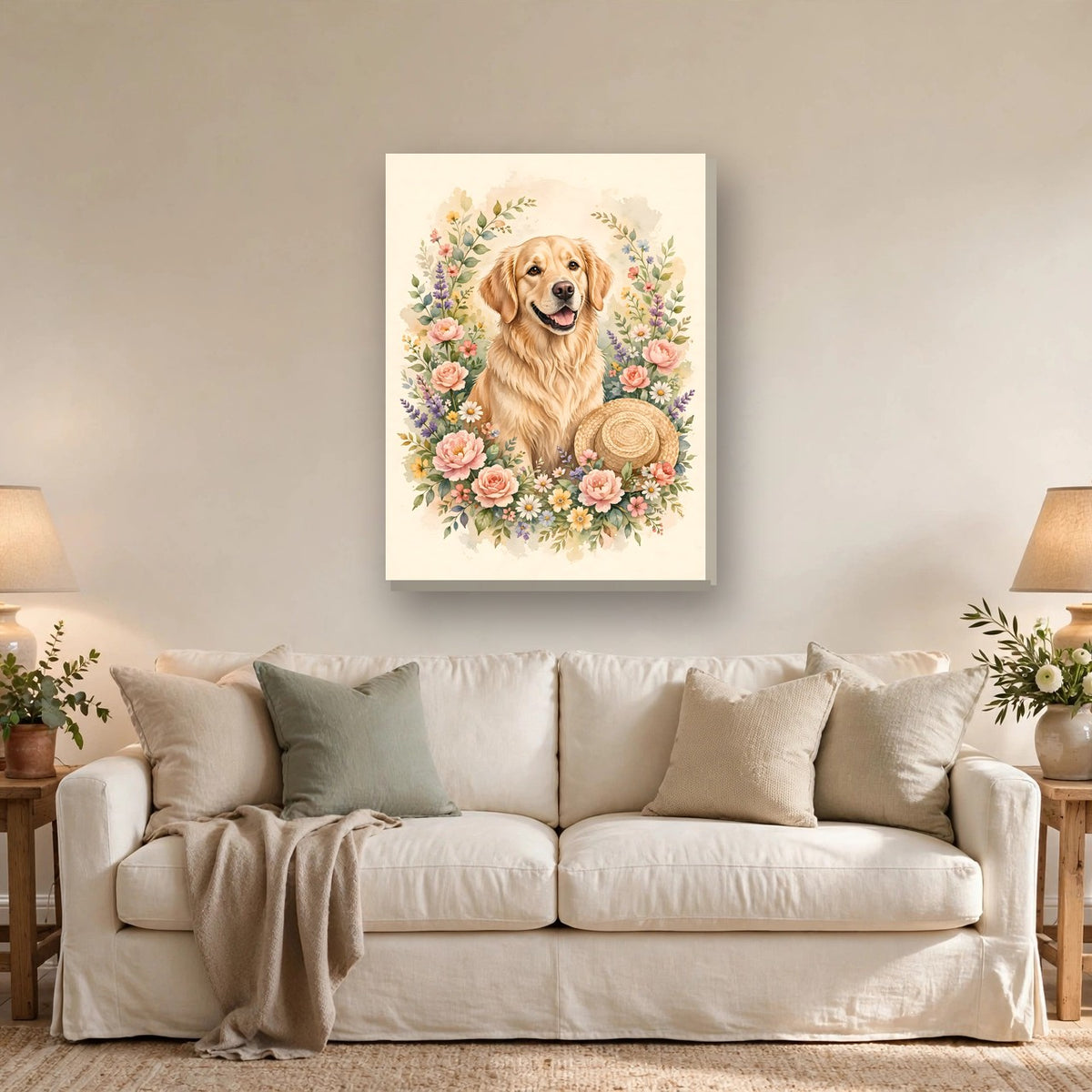 Golden Retriever in the Garden Canvas Wall Art hanging above a sofa
