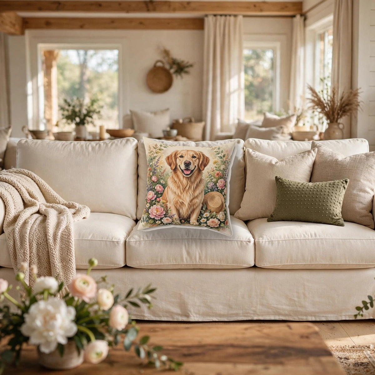 Golden Retriever in the Garden Throw Pillow – Style 2 on a cozy sofa