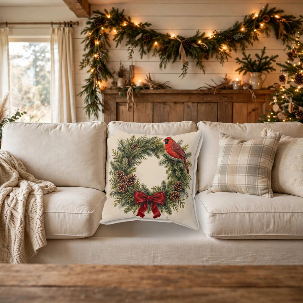 Christmas Cardinal on a Wreath Throw Pillow – Style 2 on a cozy sofa
