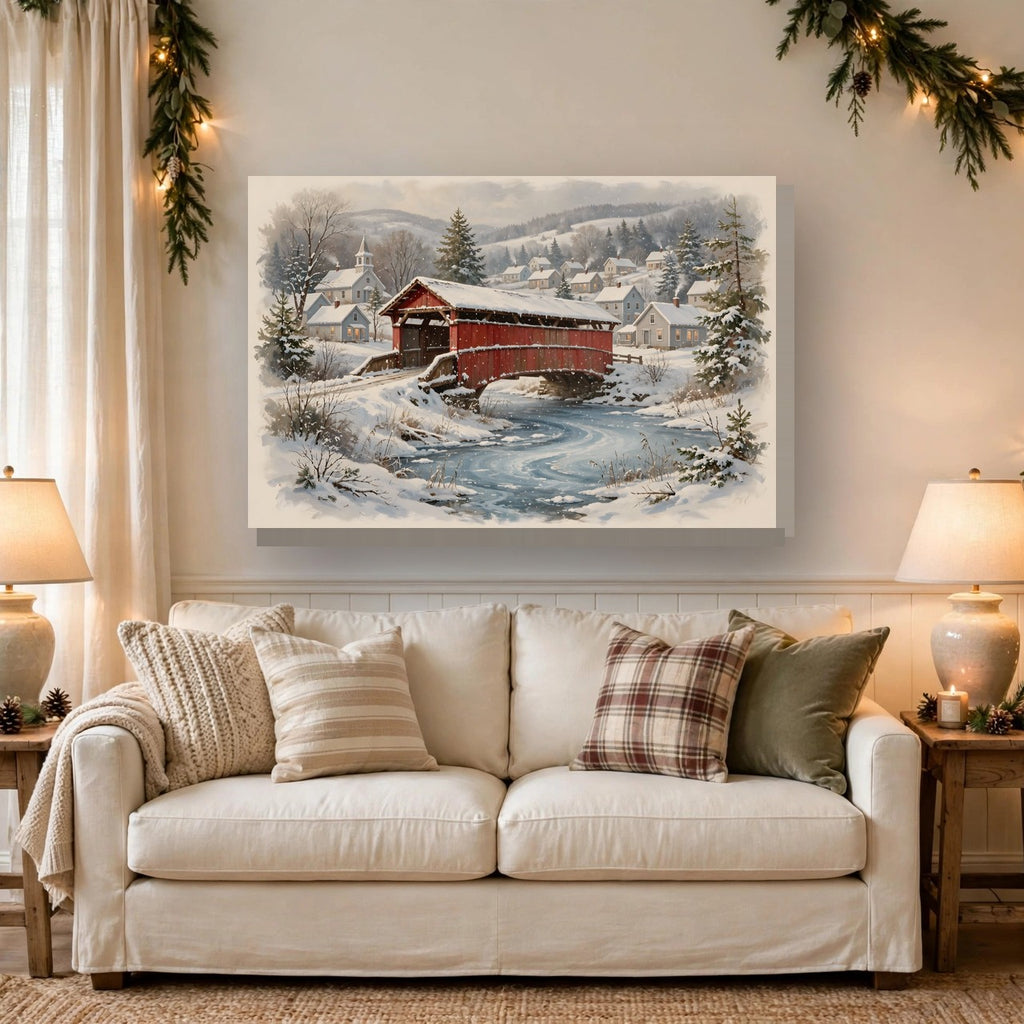 Snowy Covered Bridge Canvas Wall Art hanging above a sofa