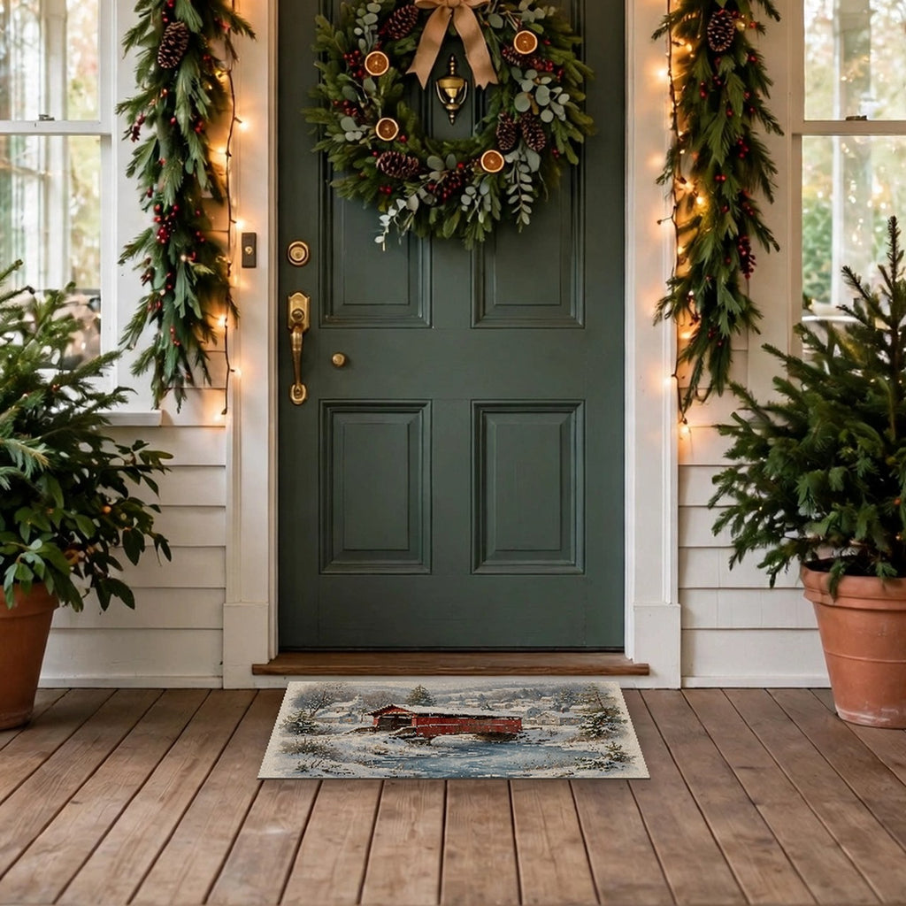 Snowy Covered Bridge Doormat at a front door