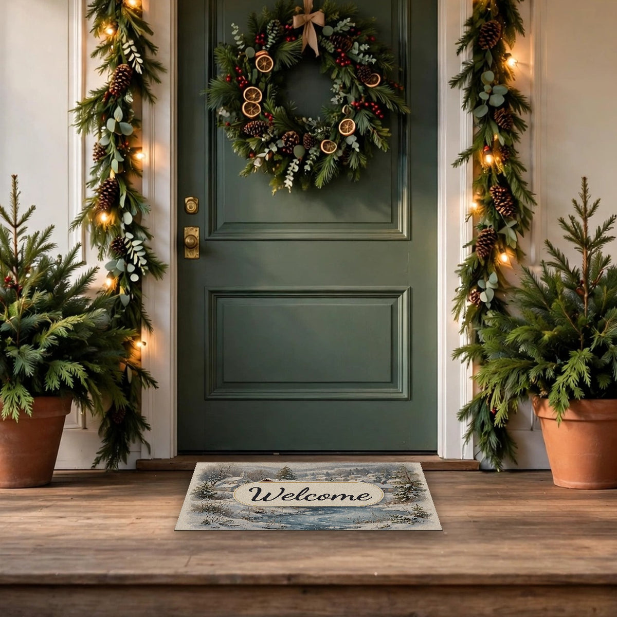 Snowy Covered Bridge Welcome Doormat at a front door