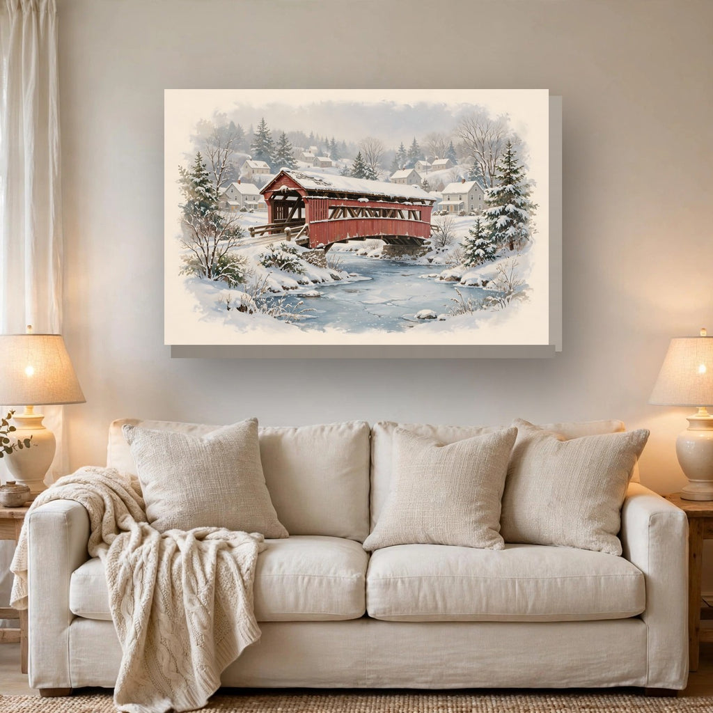 Snowy Covered Bridge Canvas Wall Art – Style 2 hanging above a sofa