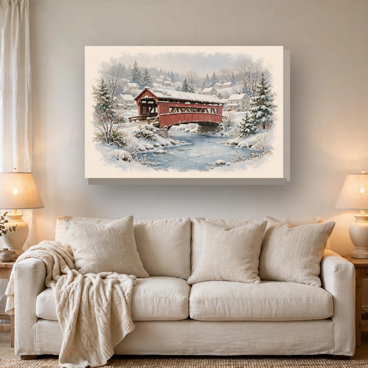 Snowy Covered Bridge Canvas Wall Art – Style 2 hanging above a sofa