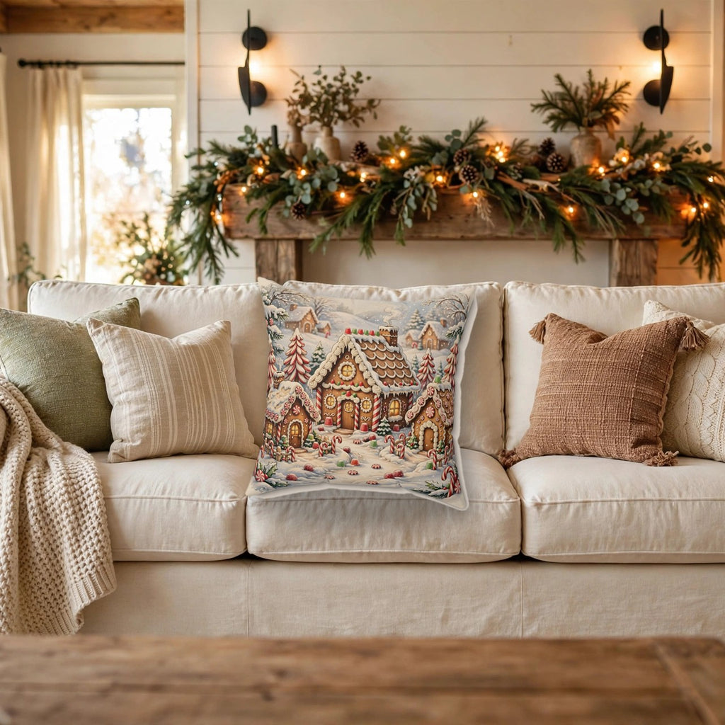 Gingerbread Village Throw Pillow on a cozy sofa