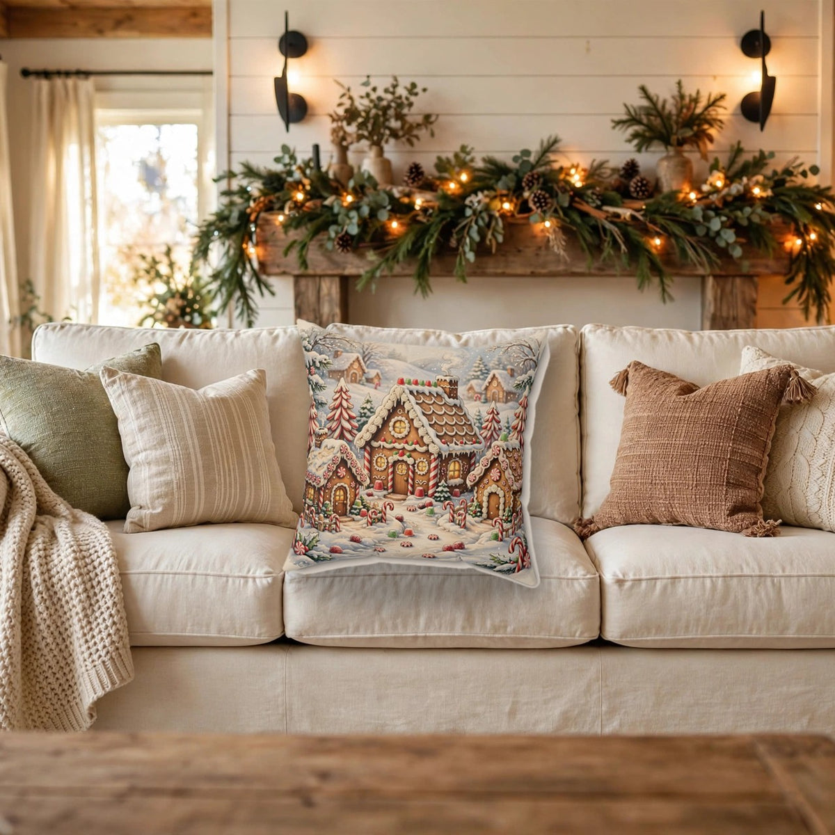 Gingerbread Village Throw Pillow on a cozy sofa