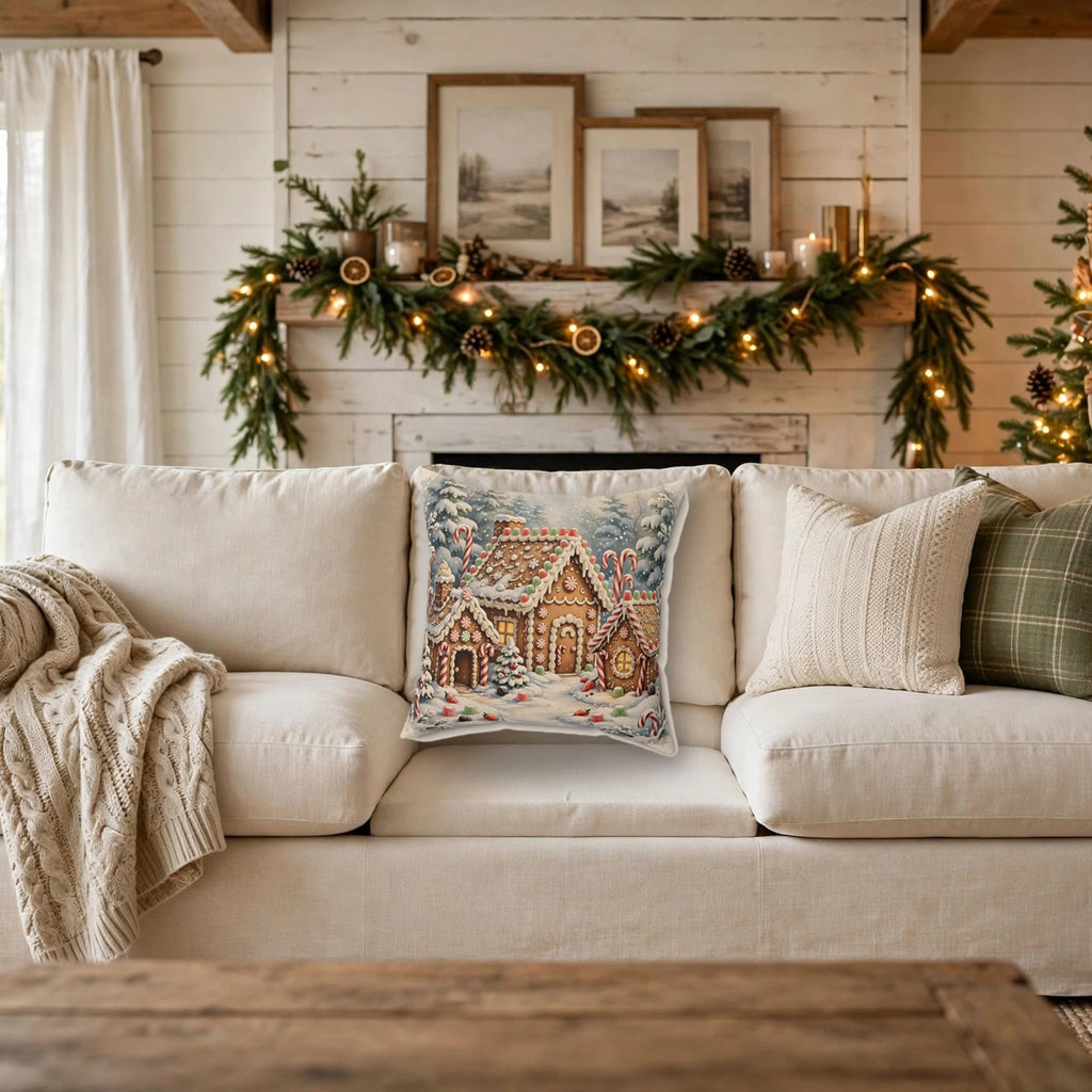 Gingerbread Village Throw Pillow – Style 2 on a cozy sofa