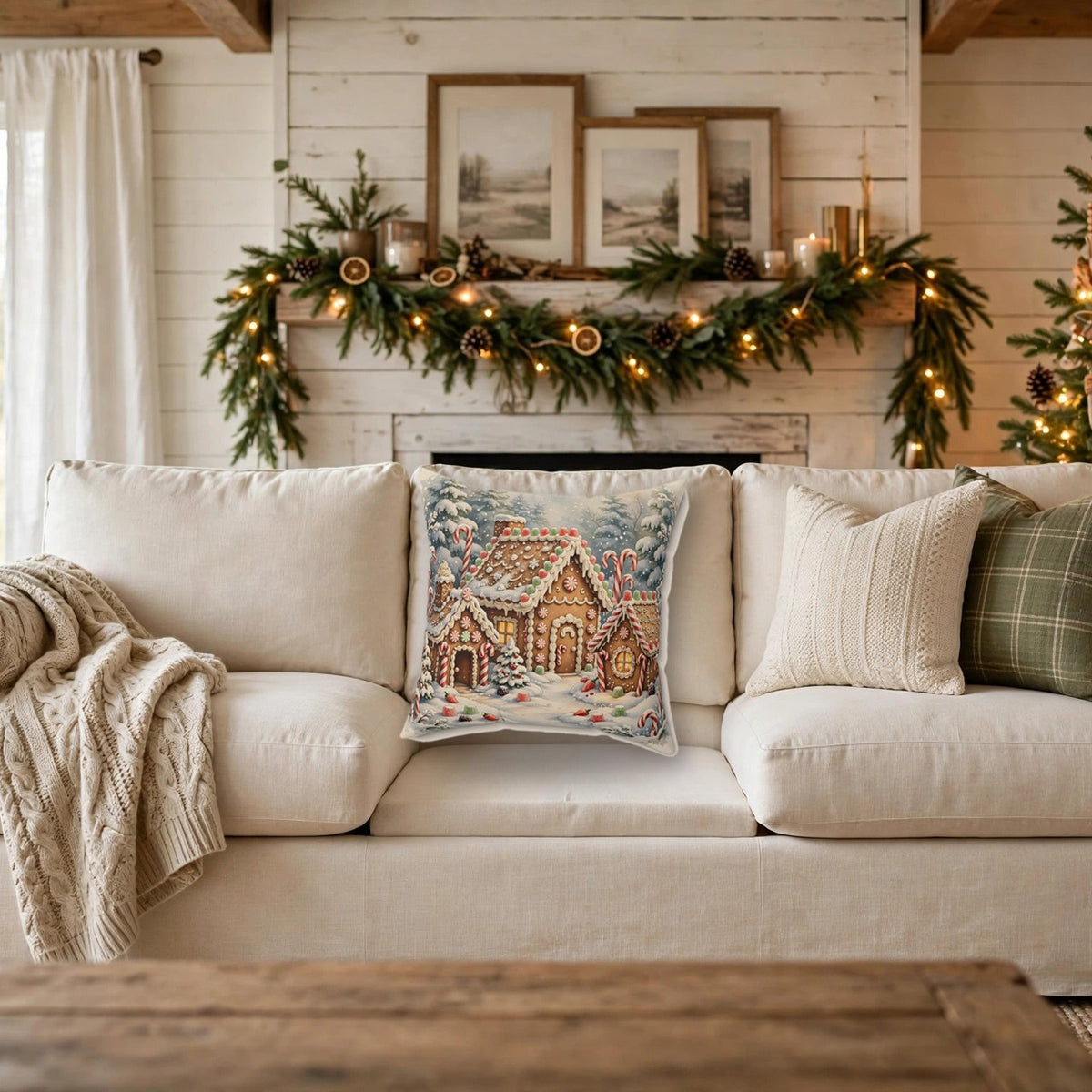 Gingerbread Village Throw Pillow – Style 2 on a cozy sofa
