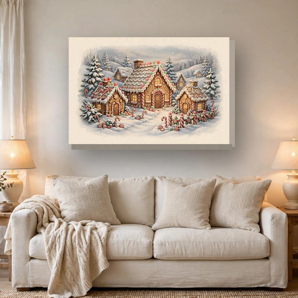 Gingerbread Village Canvas Wall Art hanging above a sofa
